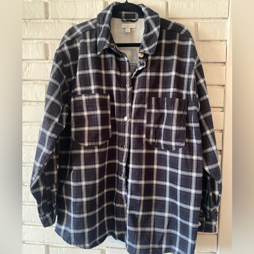 Topshop plaid navy blue white shacket